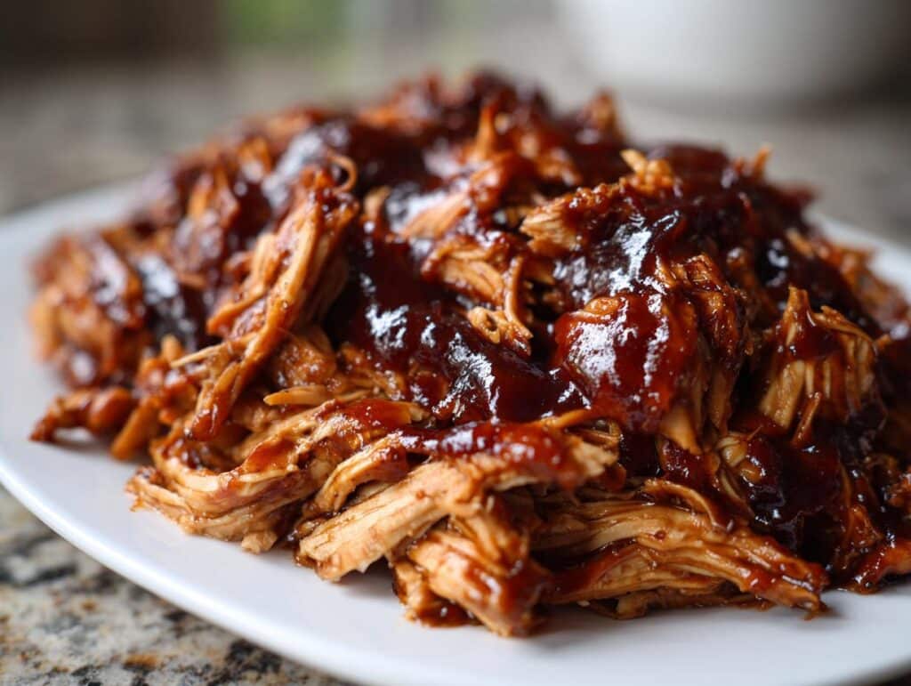 Close-up of shredded chicken coated in glossy BBQ sauce, a delicious bbq chicken crockpot recipe.
