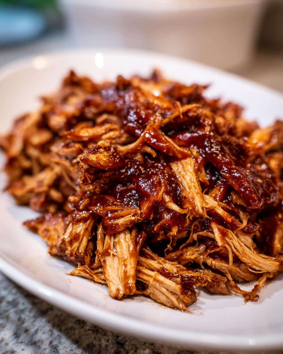 Close-up of shredded crockpot bbq chicken coated in a rich, dark sauce on a white plate.