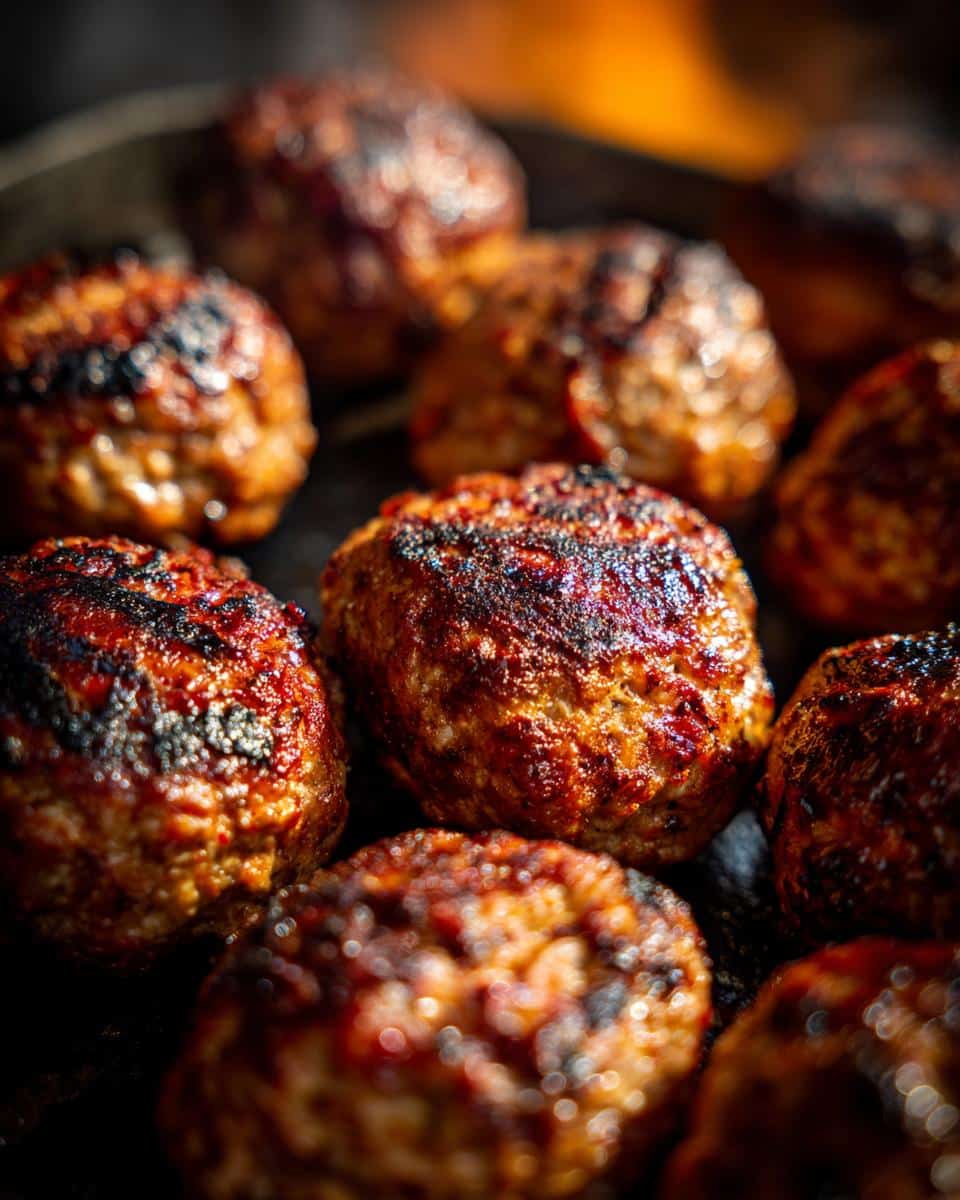 A close-up of cooked BBQ Chicken Meatballs, showing their caramelized texture and rich color.