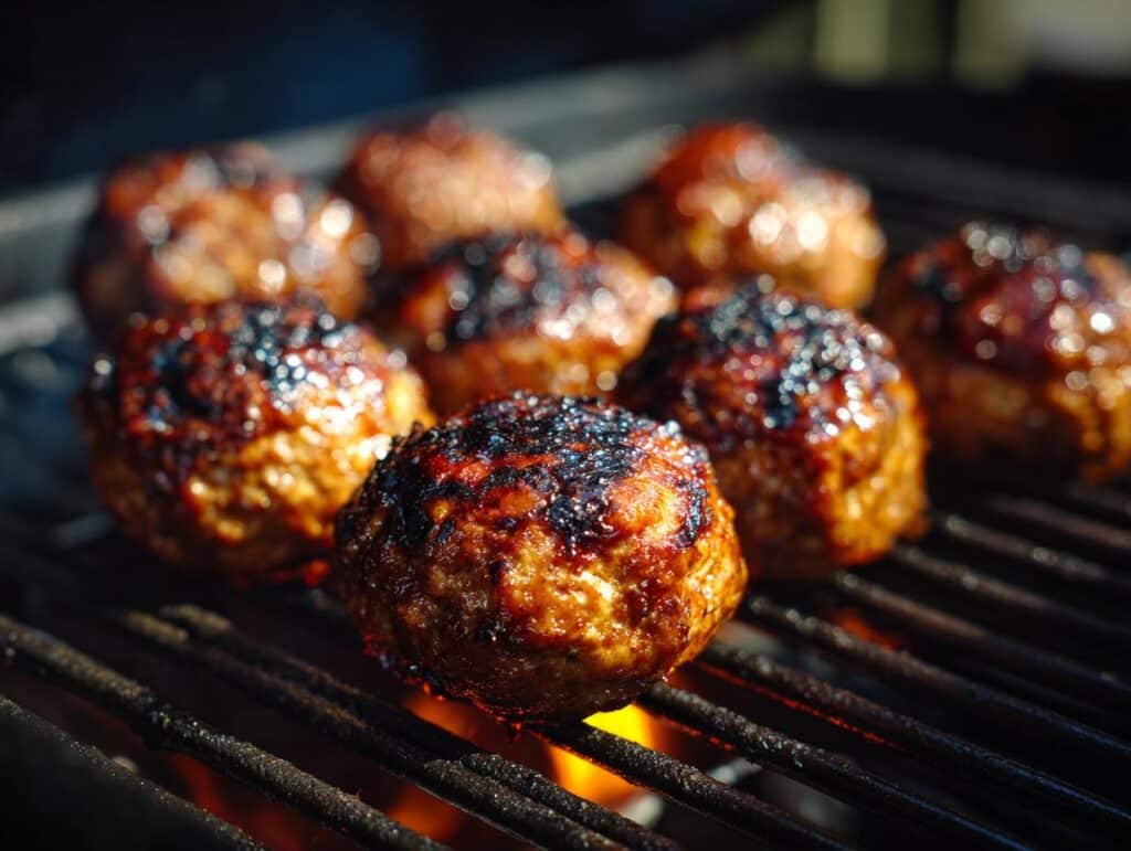 Close-up of BBQ Chicken Meatballs grilling on a barbecue, showing grill marks and smoky glaze.