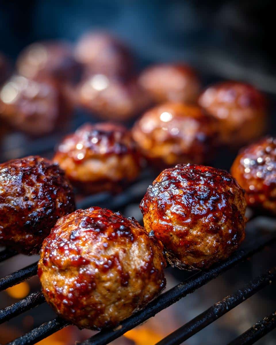 Close-up of BBQ Chicken Meatballs grilling on a barbecue, coated in a rich, glossy sauce.
