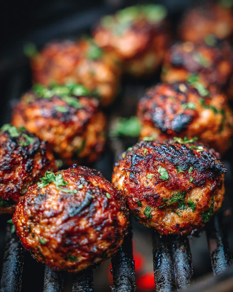 Close-up of BBQ Chicken Meatballs grilling on a barbecue, garnished with herbs.