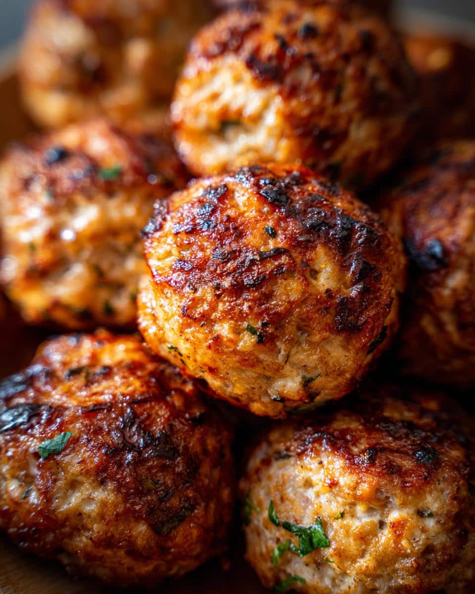Close-up of a stack of freshly cooked BBQ Chicken Meatballs, showing their caramelized glaze and herbs.