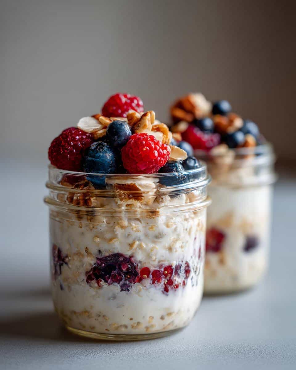 Two jars of overnight oats topped with fresh raspberries, blueberries, and nuts. Delicious and healthy breakfast.