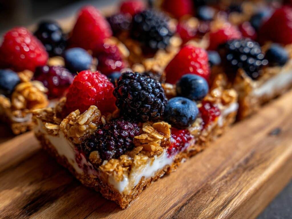 Close-up of a slice of Yogurt bark topped with fresh raspberries, blueberries, and blackberries on a wooden board.