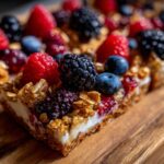 Close-up of a slice of Yogurt bark topped with fresh raspberries, blueberries, and blackberries on a wooden board.