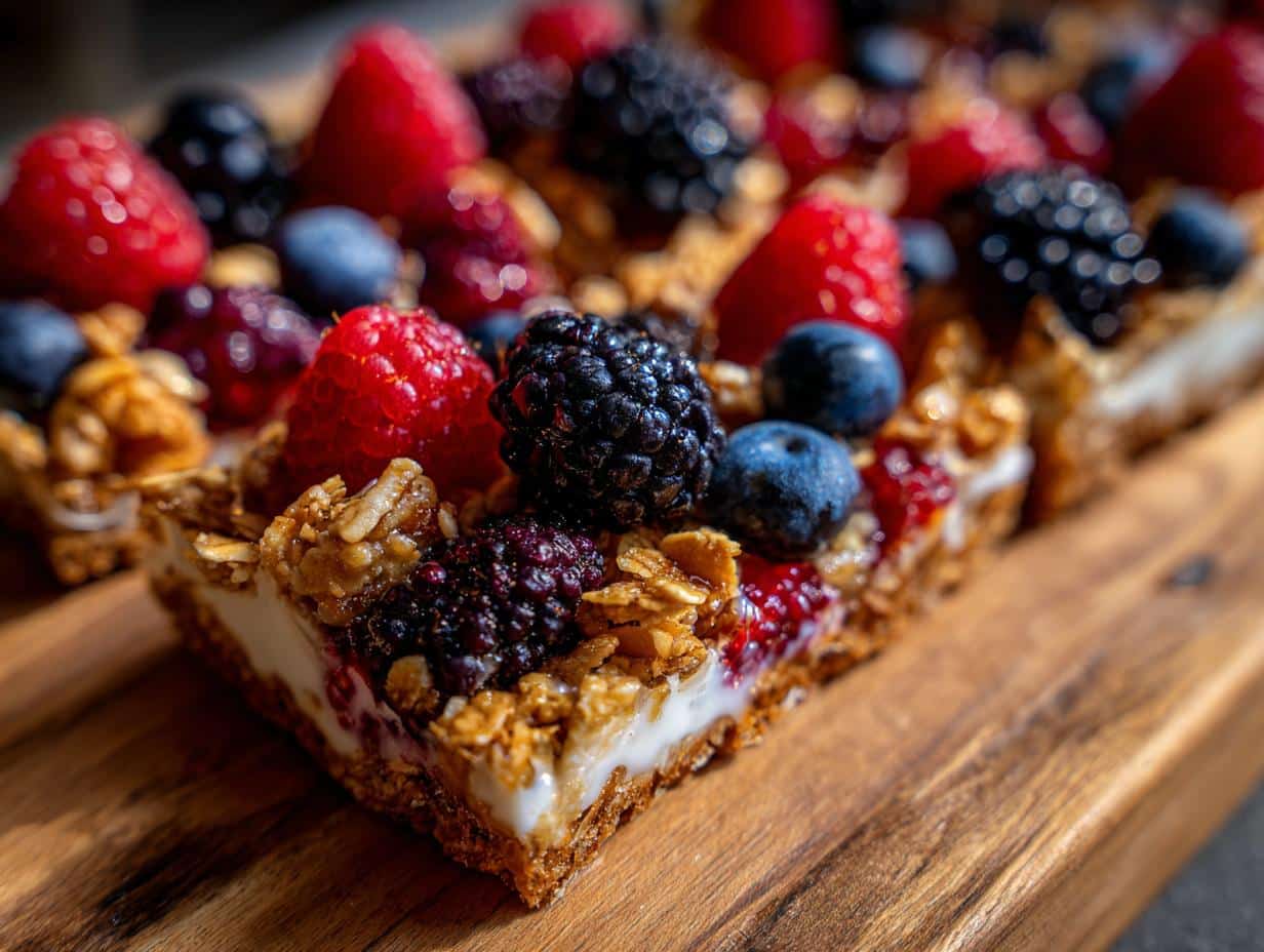 Close-up of a slice of Yogurt bark topped with fresh raspberries, blueberries, and blackberries on a wooden board.