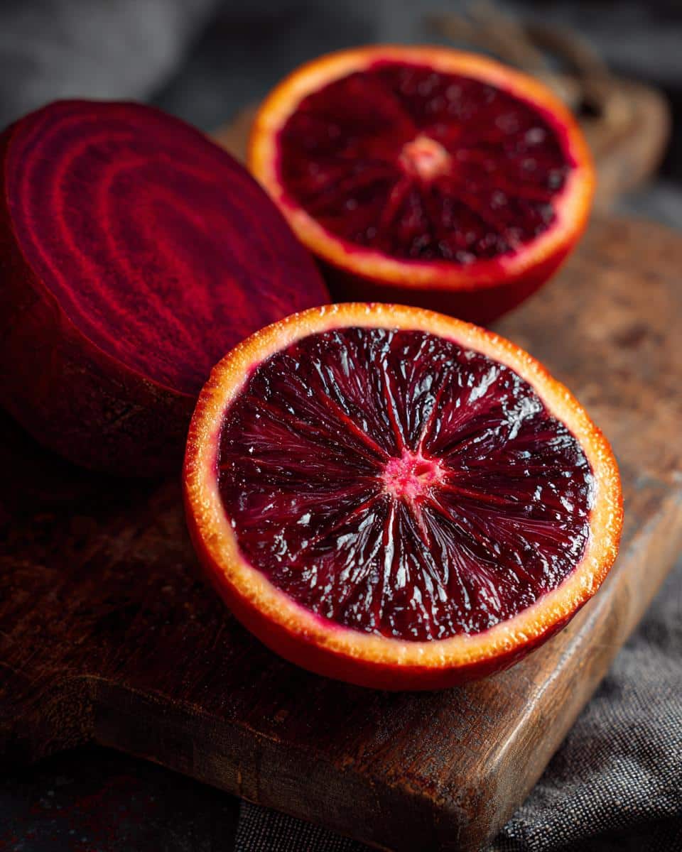 Halved blood oranges and a beet on a wooden board, ingredients for Citrus Beet Salad.