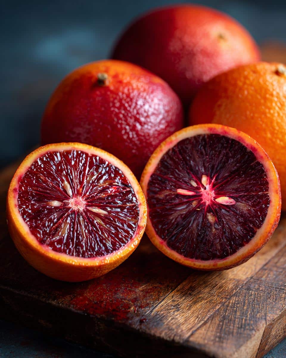 Close-up of blood oranges, halved, on a wooden board, for a Citrus Beet Salad recipe.