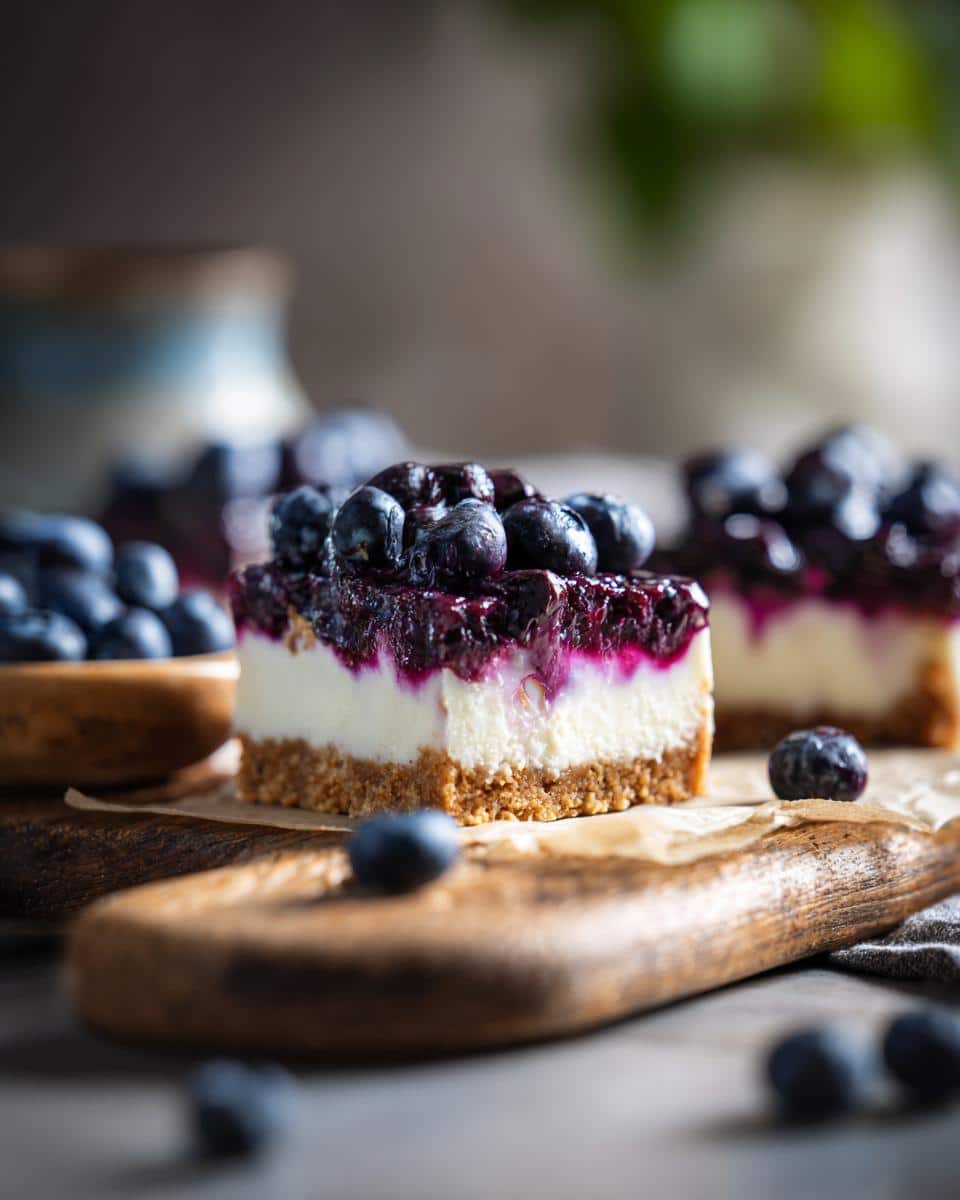 A slice of Blueberry Cream Cheese Bars topped with fresh blueberries and sauce, on a wooden board.