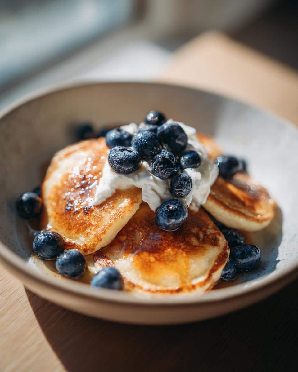 Close-up of pancake cereal in a bowl, topped with whipped cream and fresh blueberries.