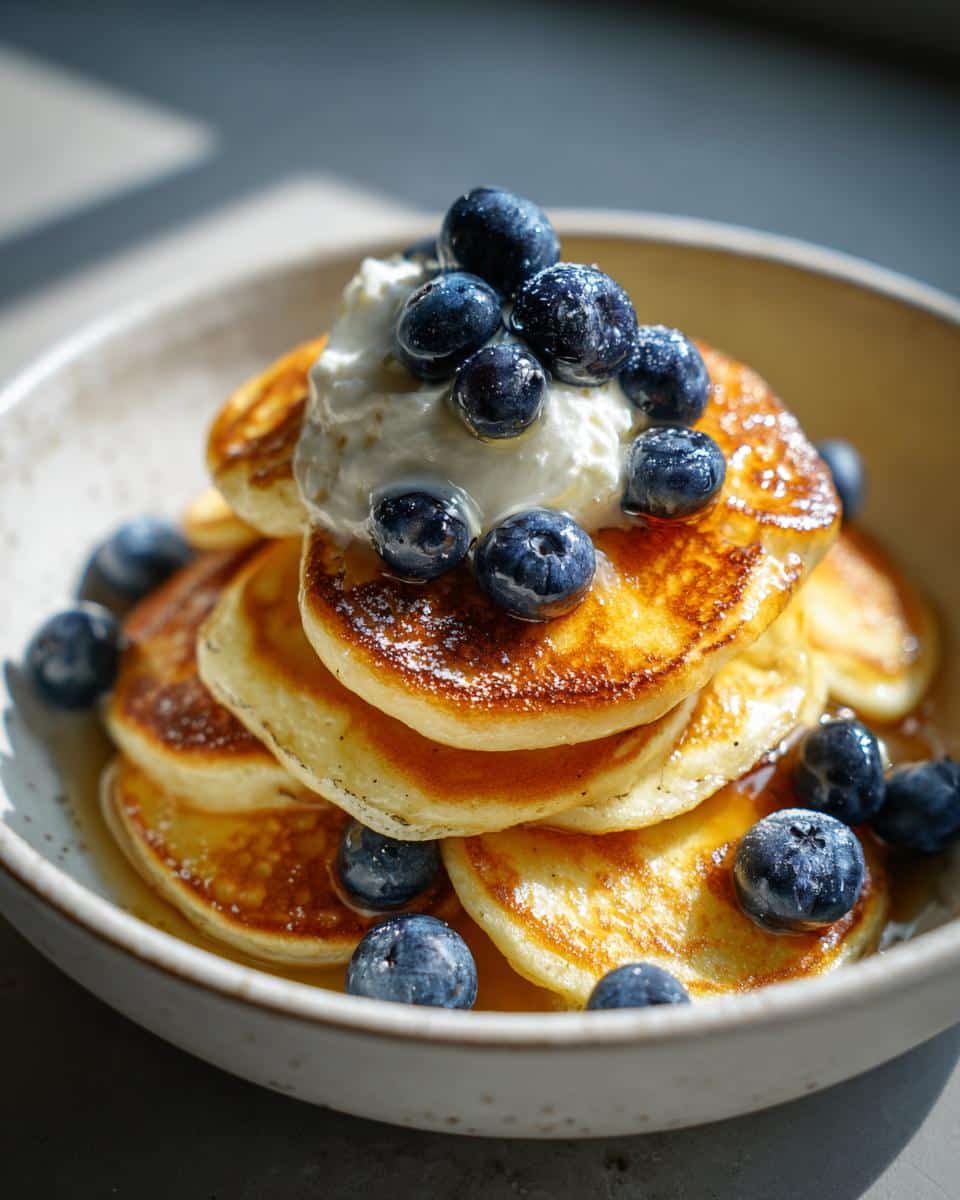 A stack of pancake cereal topped with whipped cream and fresh blueberries in a bowl.