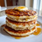 A stack of fluffy buttermilk banana pancakes topped with butter and dripping with syrup.