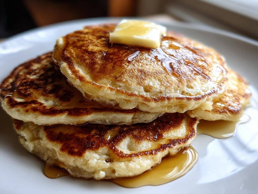Three fluffy Buttermilk Banana Pancakes stacked on a plate, topped with butter and syrup.