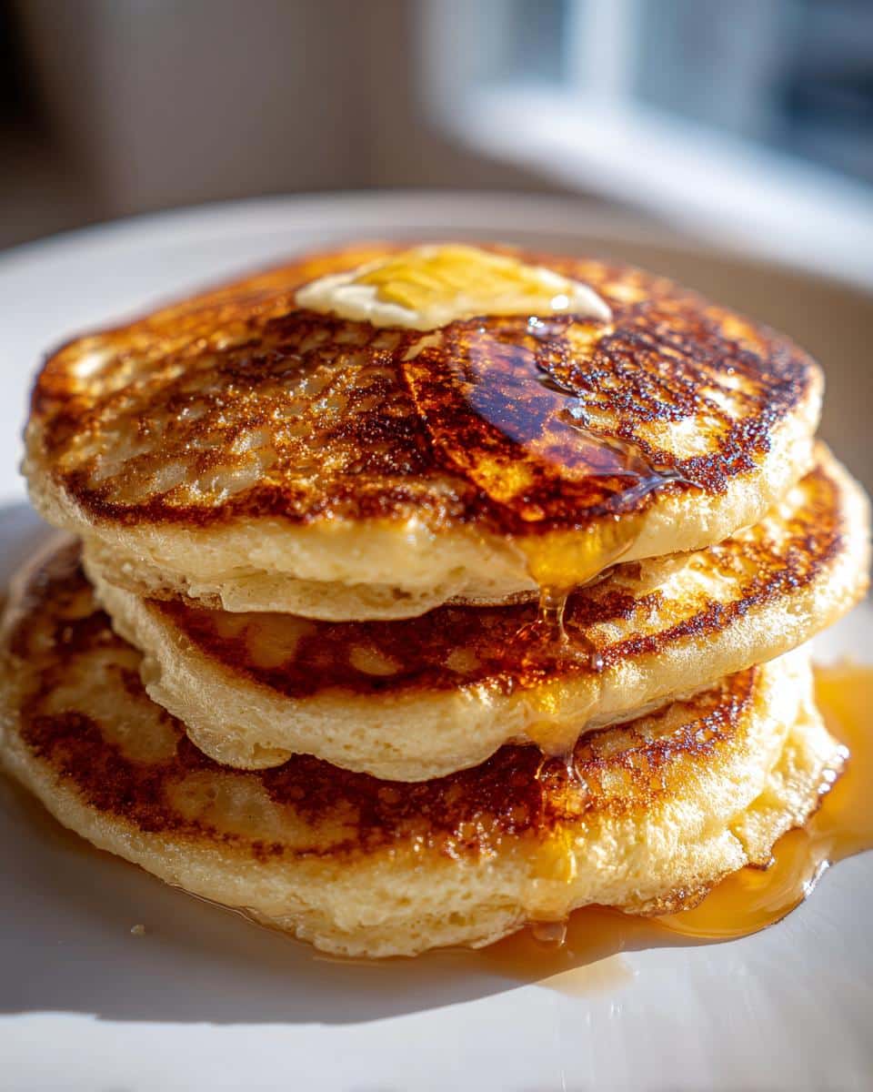 A stack of three buttermilk banana pancakes topped with butter and dripping with syrup.