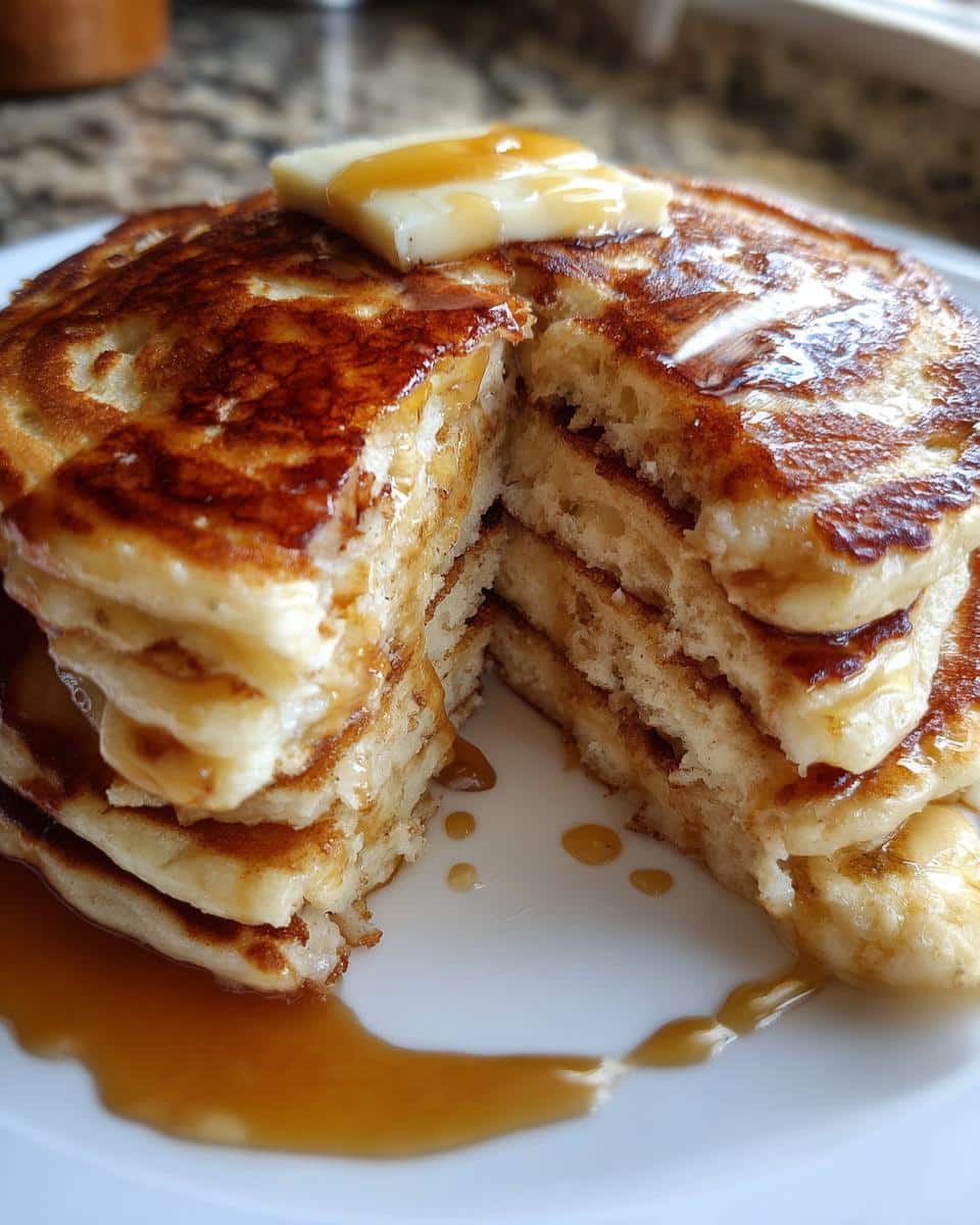 A stack of fluffy Buttermilk Banana Pancakes topped with butter and syrup, showcasing their soft texture.
