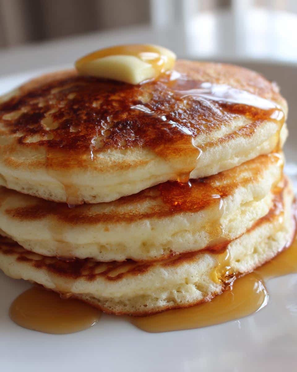 A stack of three fluffy Buttermilk Banana Pancakes topped with butter and dripping with syrup.