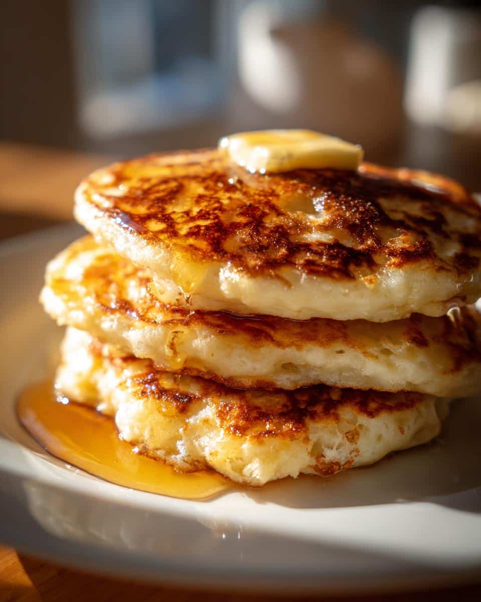 A stack of fluffy Buttermilk Banana Pancakes topped with butter and dripping with syrup on a white plate.