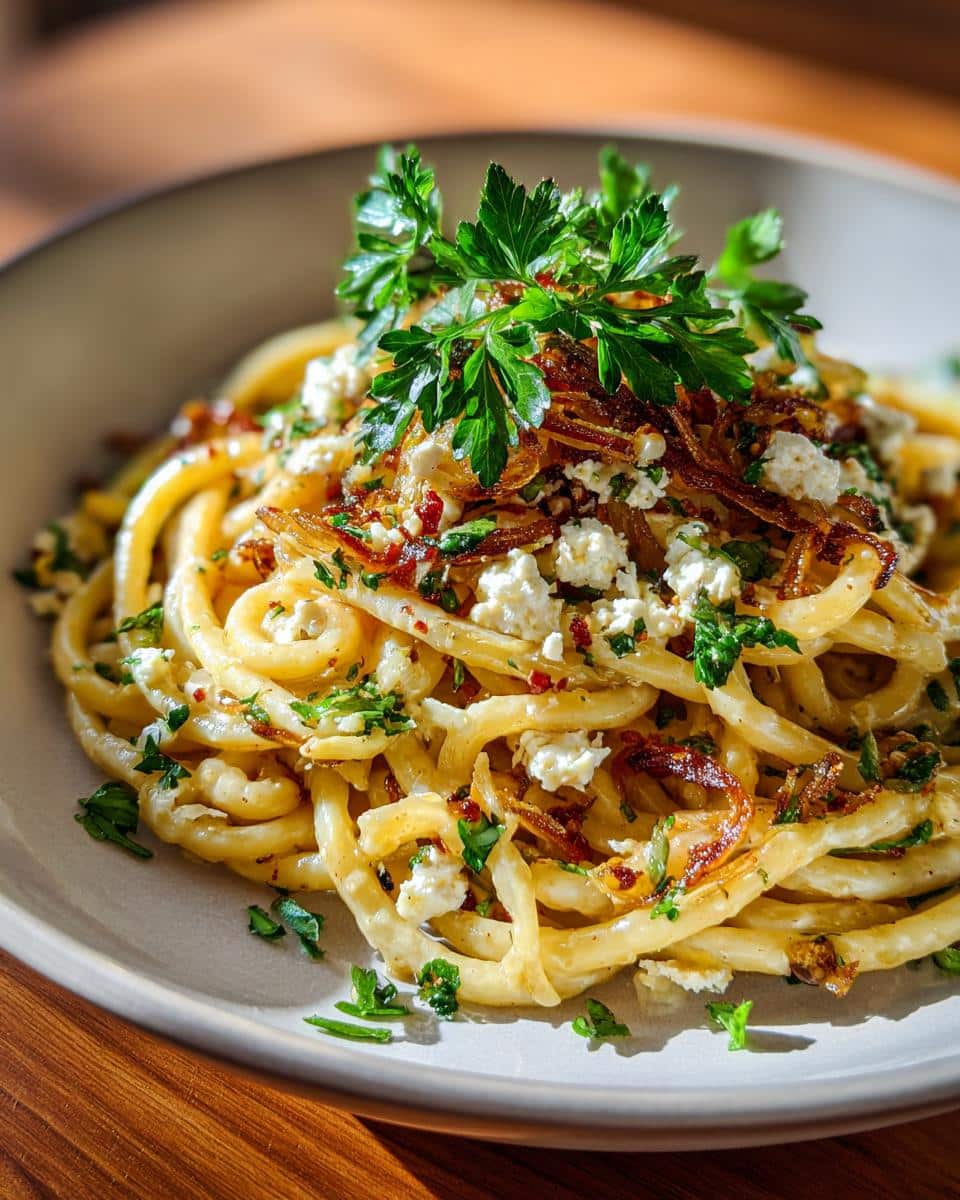 Close-up of Caramelized onion feta pasta, garnished with fresh parsley and caramelized onions.