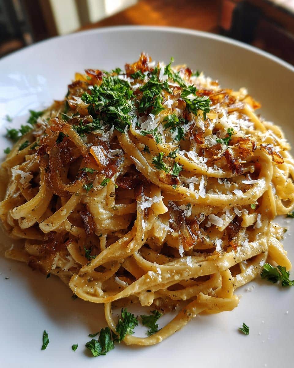 A plate of Caramelized onion feta pasta topped with caramelized onions, feta cheese, and fresh parsley.