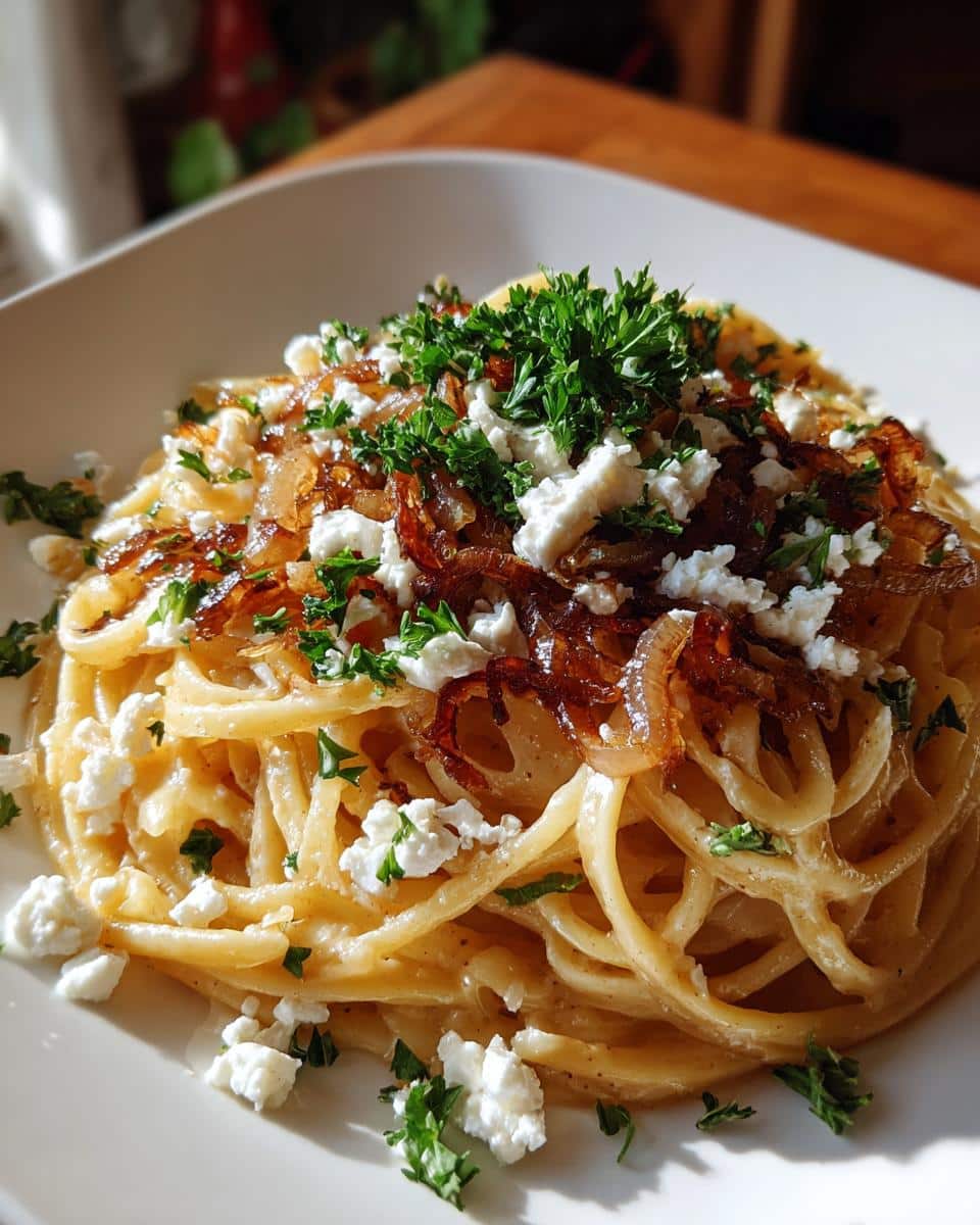 A plate of Caramelized onion feta pasta, garnished with fresh parsley. Delicious and creamy.