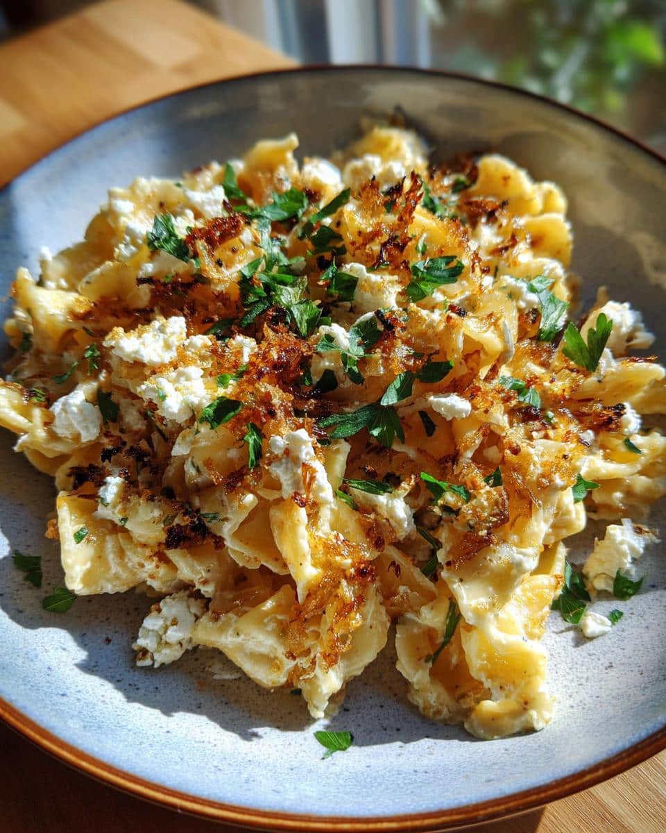 A plate of Caramelized onion feta pasta, garnished with fresh parsley, ready to be served.