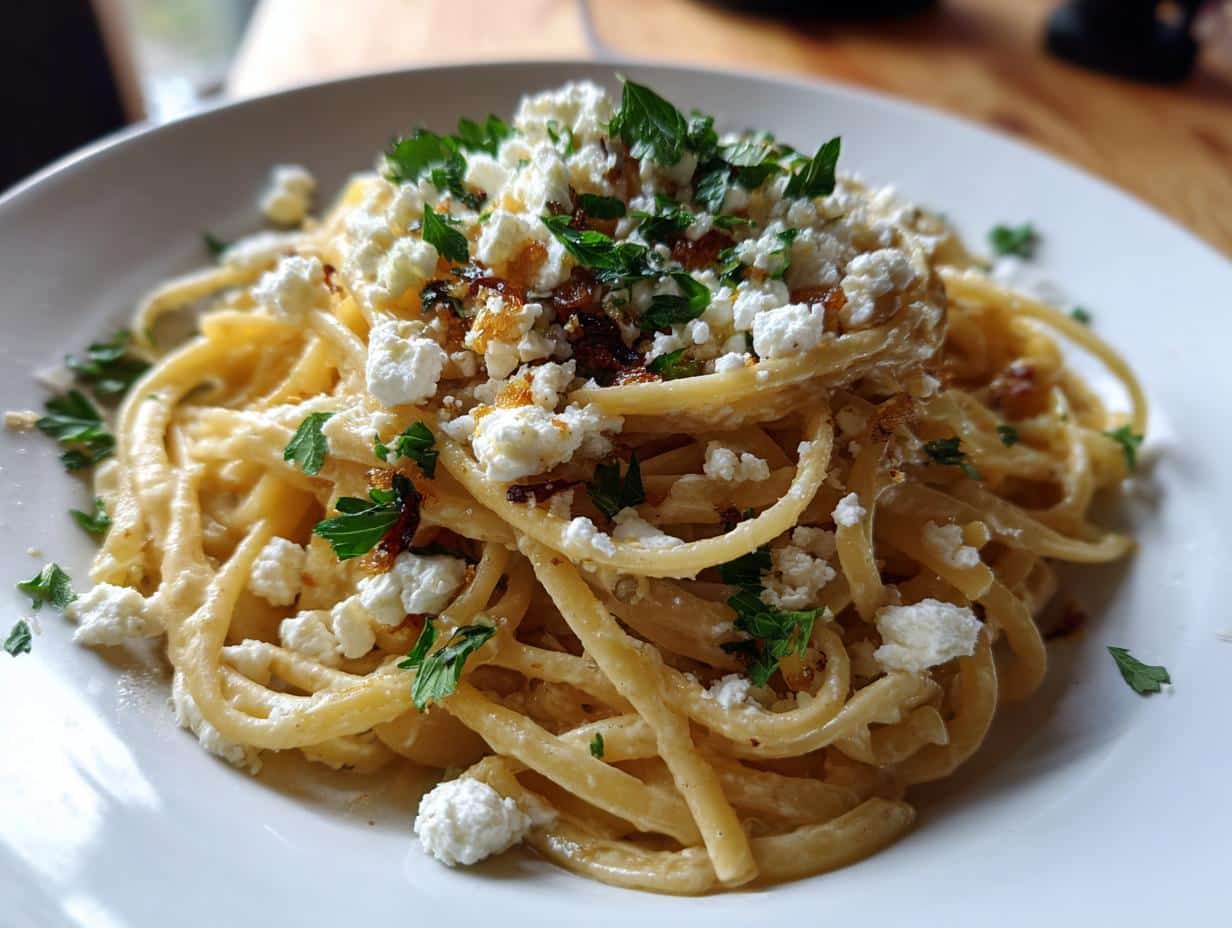 A plate of Caramelized onion feta pasta, topped with fresh parsley. Creamy and delicious.