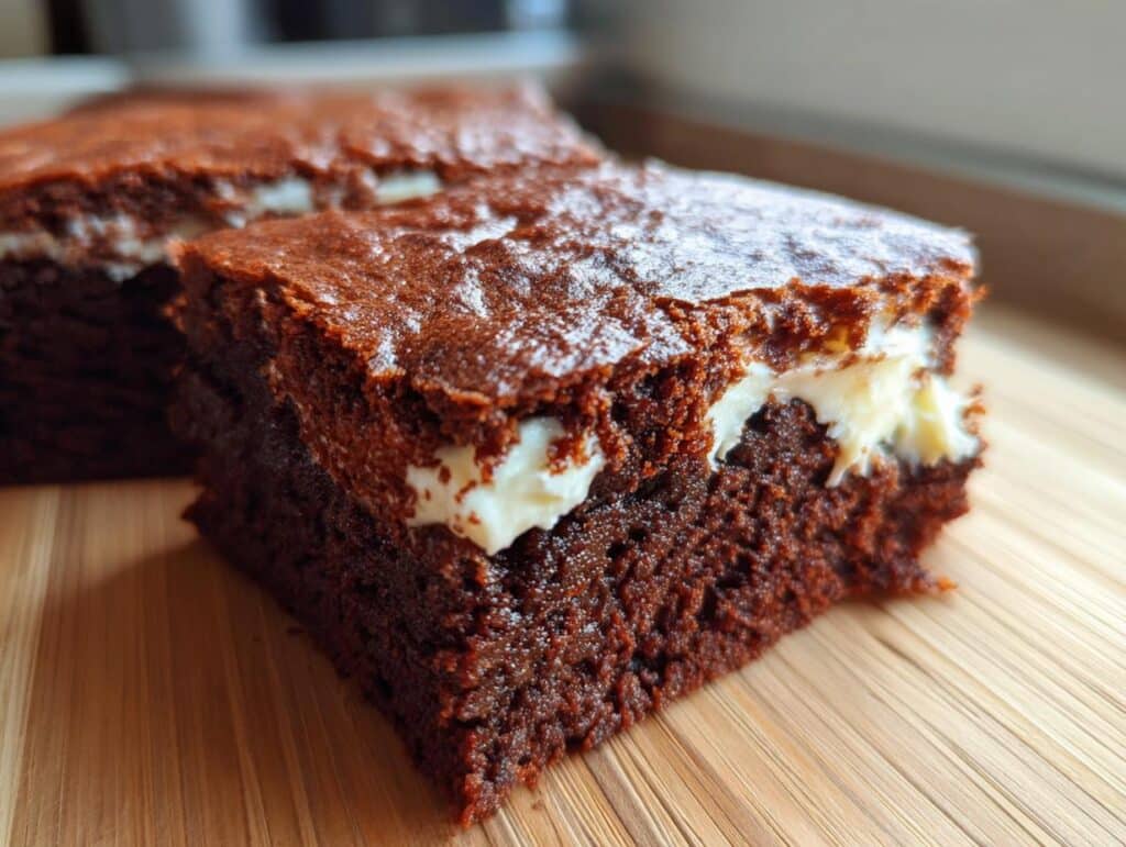 Two squares of Carrot Brownies with a layer of cream cheese frosting on a wooden board.