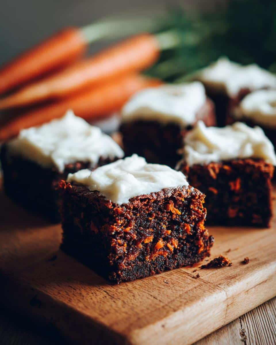 Close-up of frosted Carrot Brownies on a wooden board, showcasing the moist texture and visible carrot pieces.