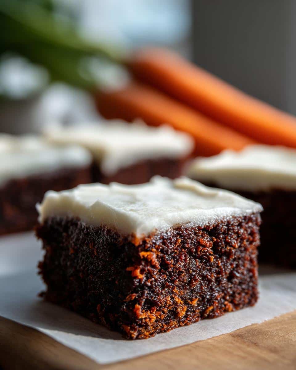 Close-up of a frosted carrot brownie square, showcasing the texture and color, with whole carrots in the background.