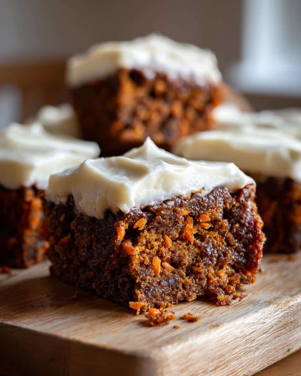 Close-up of iced Carrot Brownies on a wooden board, showcasing the moist texture and visible carrot shreds.
