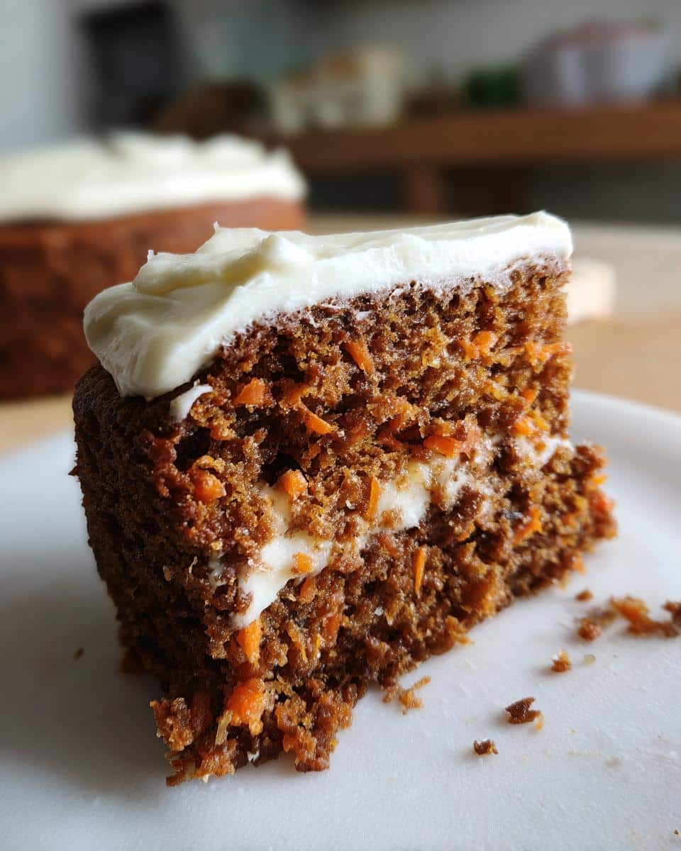A delicious slice of Carrot Brownies with cream cheese frosting, showcasing the moist texture and visible carrot pieces.