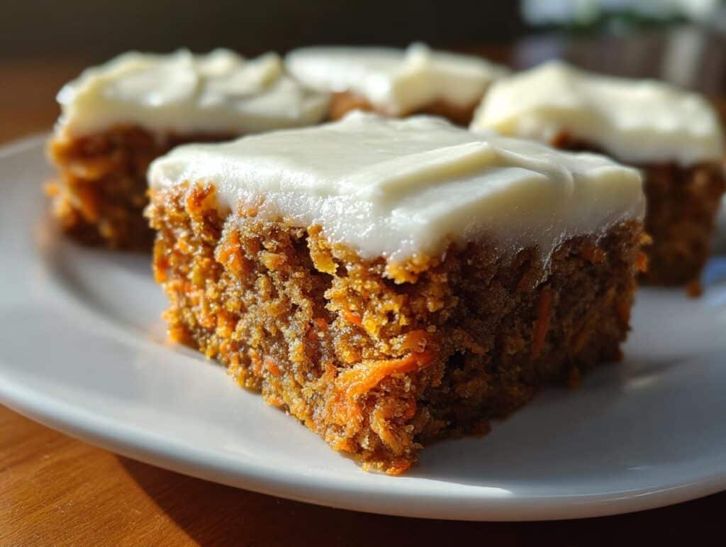 Close-up of frosted Carrot Cake Bars on a white plate, showcasing the texture and creamy frosting.