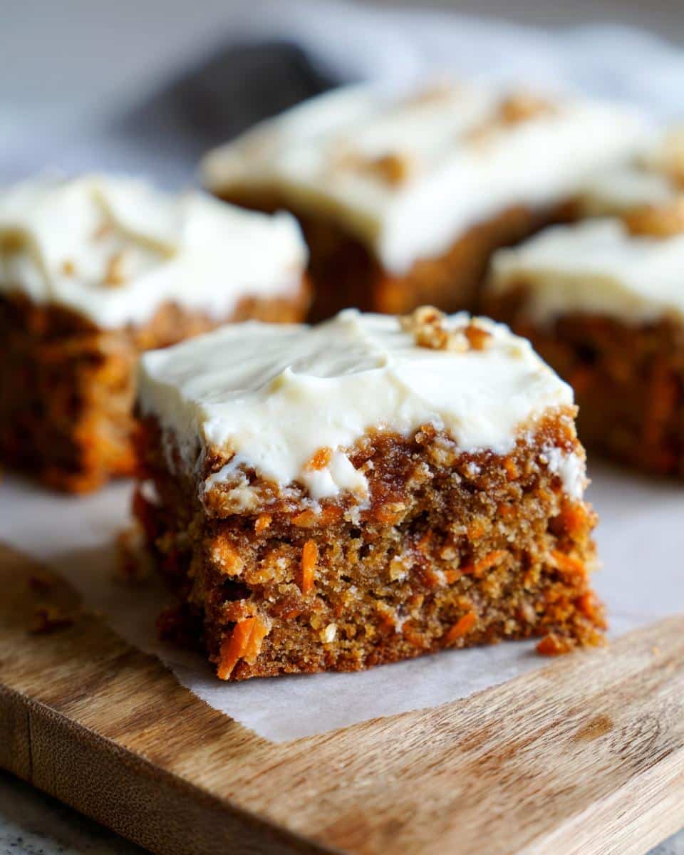 Close-up of a frosted carrot cake bar on a wooden board, showcasing the texture and creamy frosting.