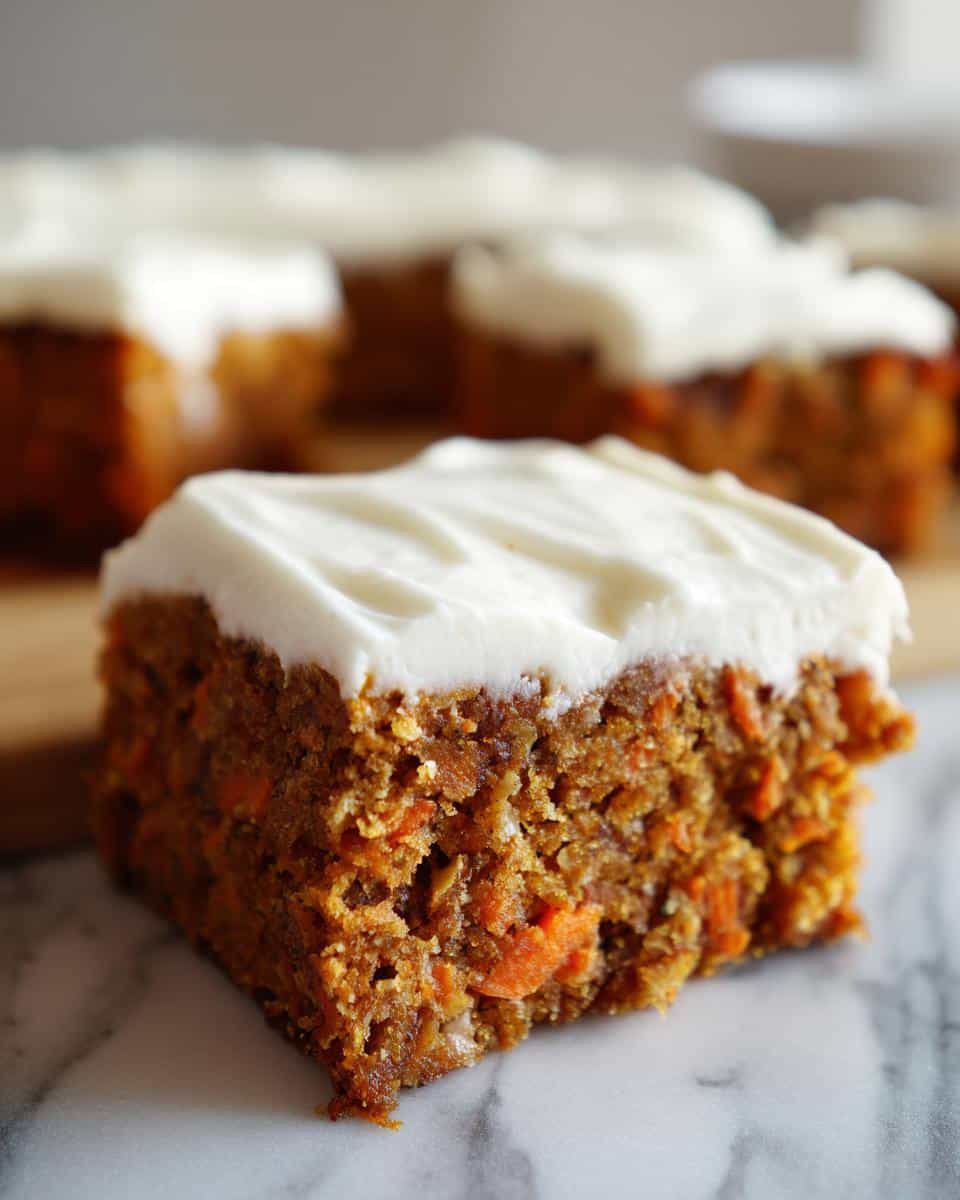 A close-up of a frosted Carrot Cake Bar, showing the texture of the cake and creamy frosting.