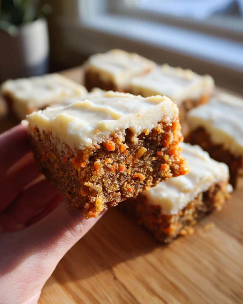 A hand holds a frosted Carrot Cake Bar, showcasing the moist texture and cream cheese frosting.