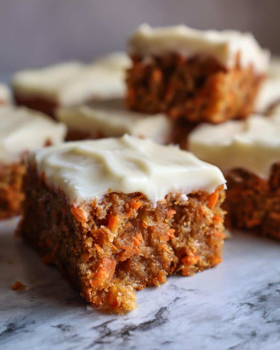 Close-up of a stack of iced Carrot Cake Bars, showcasing the moist texture and creamy frosting.