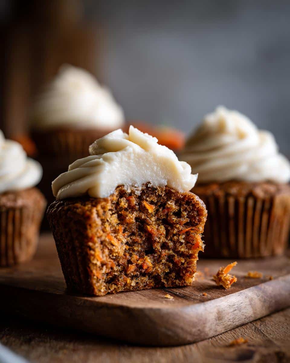 Close-up of a partially eaten Carrot Cake Cupcake with cream cheese frosting on a wooden board.