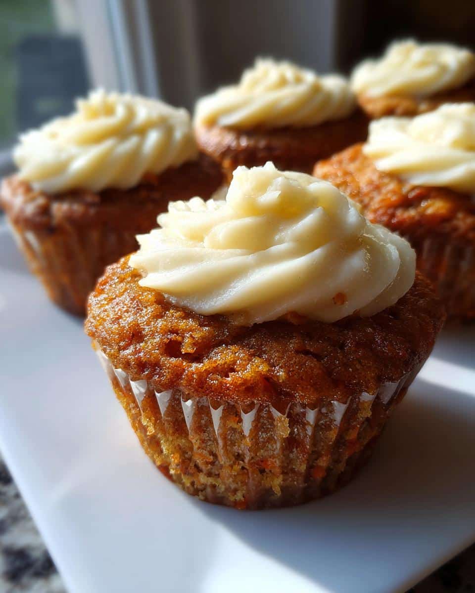 Close-up of several Carrot Cake Cupcakes with cream cheese frosting on a white plate.