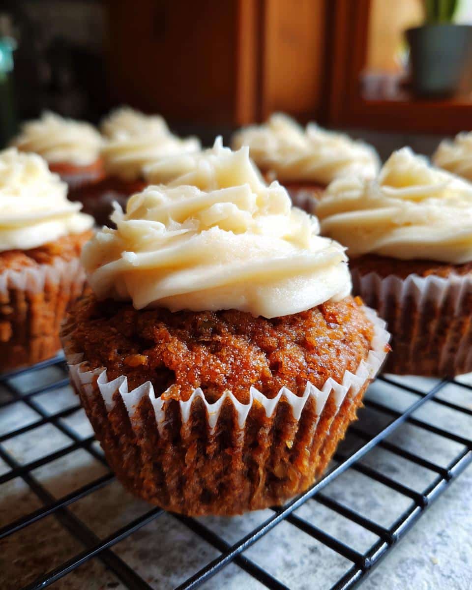 Close-up of Carrot Cake Cupcakes with cream cheese frosting on a wire rack, ready to be served.