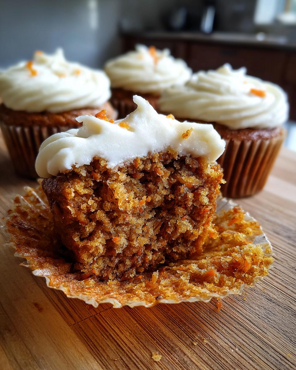 Close-up of a halved Carrot Cake Cupcake with cream cheese frosting, showcasing its moist texture and carrot pieces.
