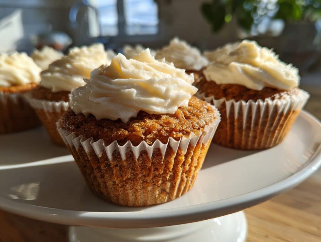 Several carrot cake cupcakes with white frosting displayed on a white cake stand.