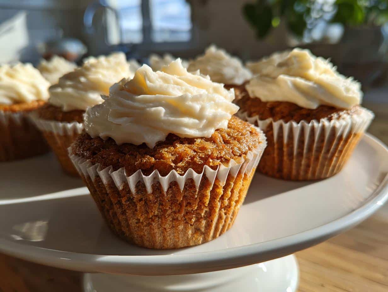 Several carrot cake cupcakes with white frosting displayed on a white cake stand.