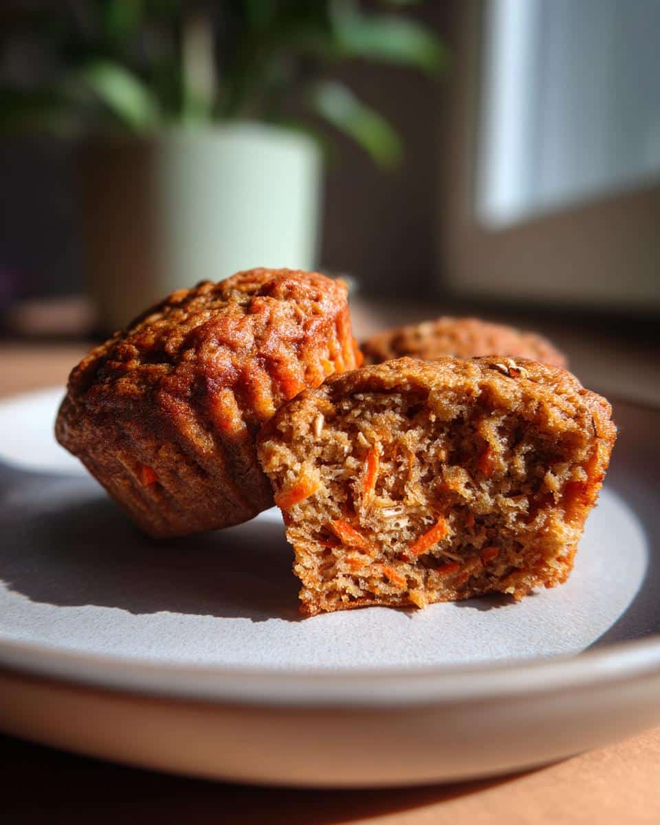 Close-up of Carrot Oat Muffins, one cut in half to show the texture, on a plate.