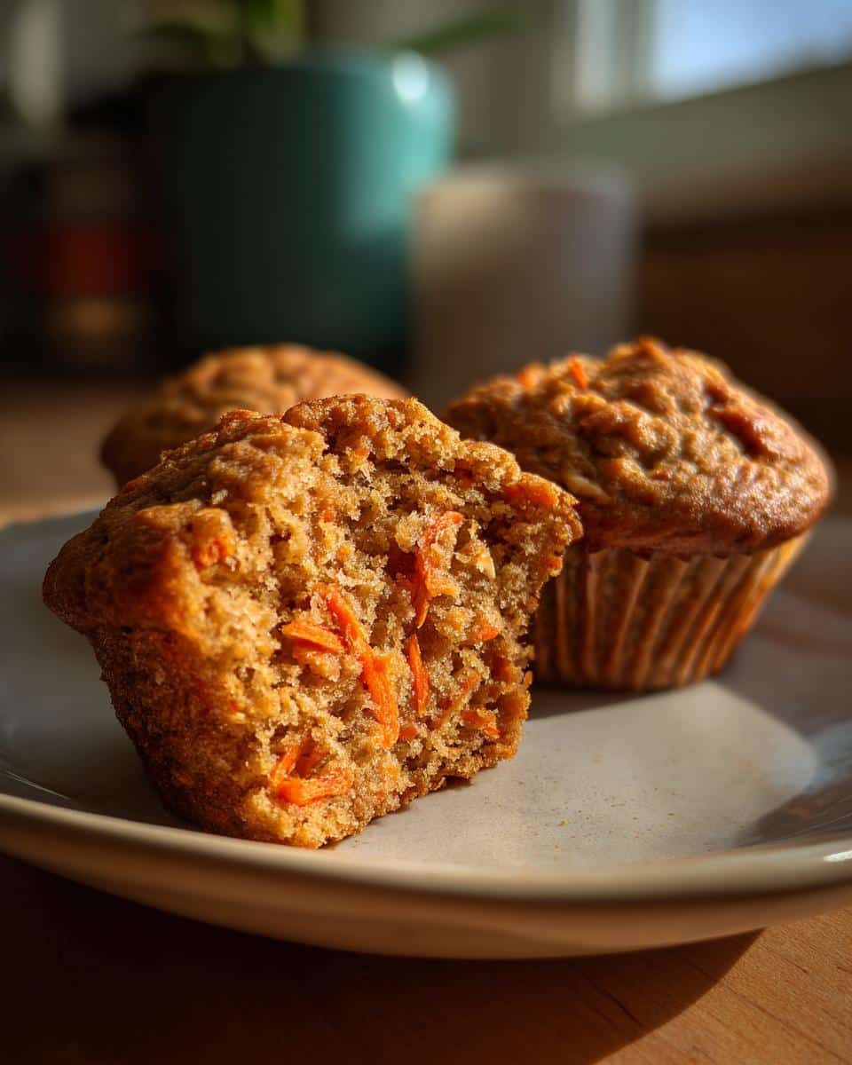 Close-up of Carrot Oat Muffins on a plate, one muffin cut in half to show the texture and carrot pieces inside.