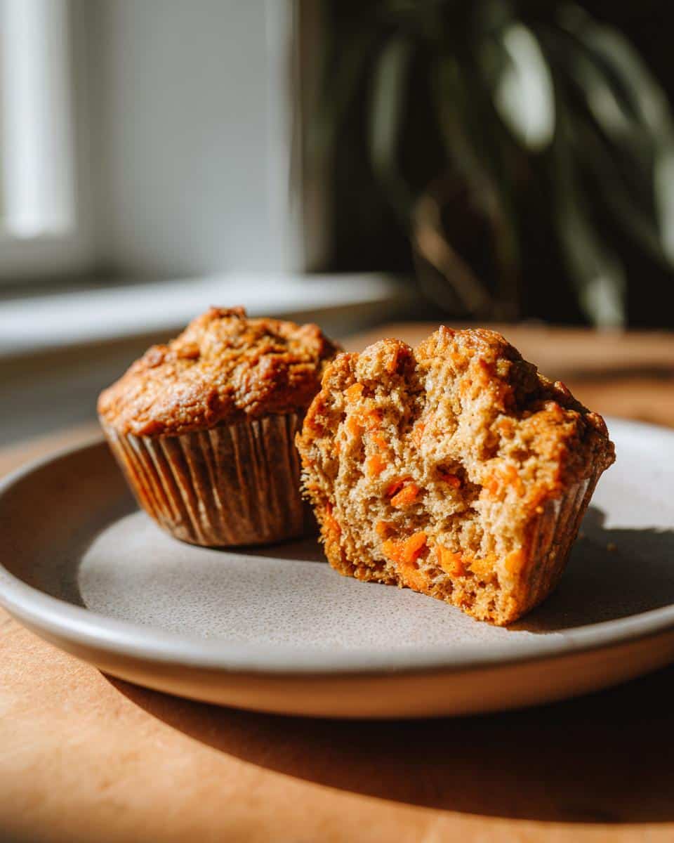 Two Carrot Oat Muffins on a plate, one muffin is cut in half to show the texture.