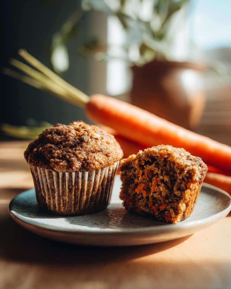 Two Carrot Oat Muffins on a plate, one muffin is halved to show the carrot texture inside.