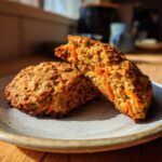 Two Carrot Oatmeal Cookies on a plate, one broken in half to show the texture.