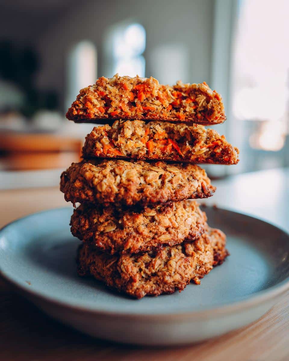 A stack of Carrot Oatmeal Cookies on a plate, with the top cookie broken in half to show the carrot texture inside.