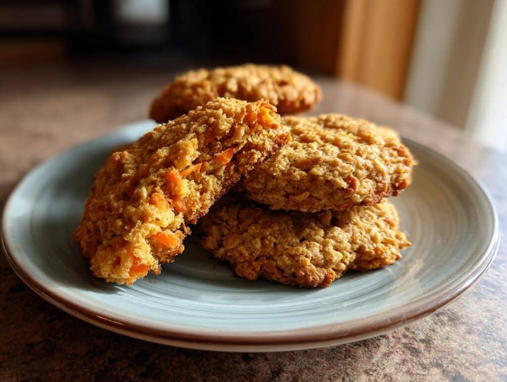A stack of freshly baked Carrot Oatmeal Cookies on a light blue plate, showcasing visible carrot pieces.